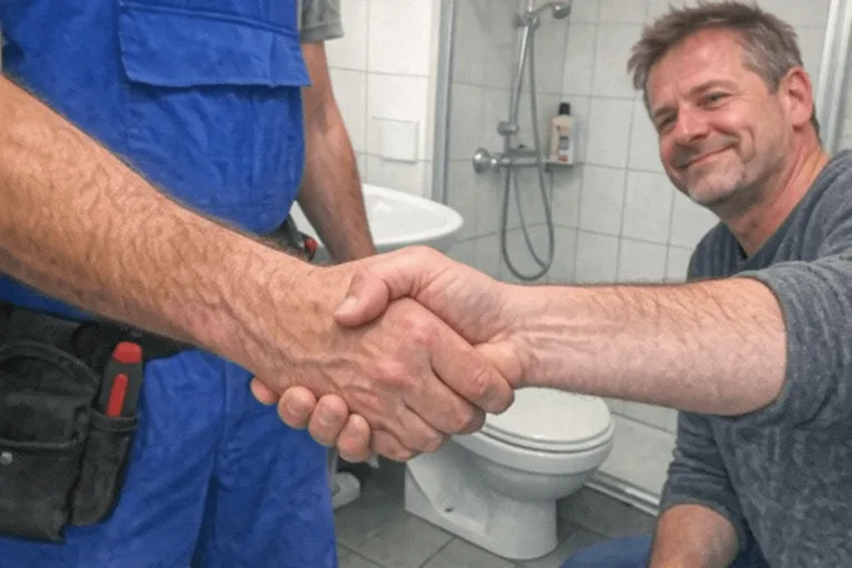 Handshake zwischen Techniker und zufriedenem Kunden nach erfolgreichem Einsatz