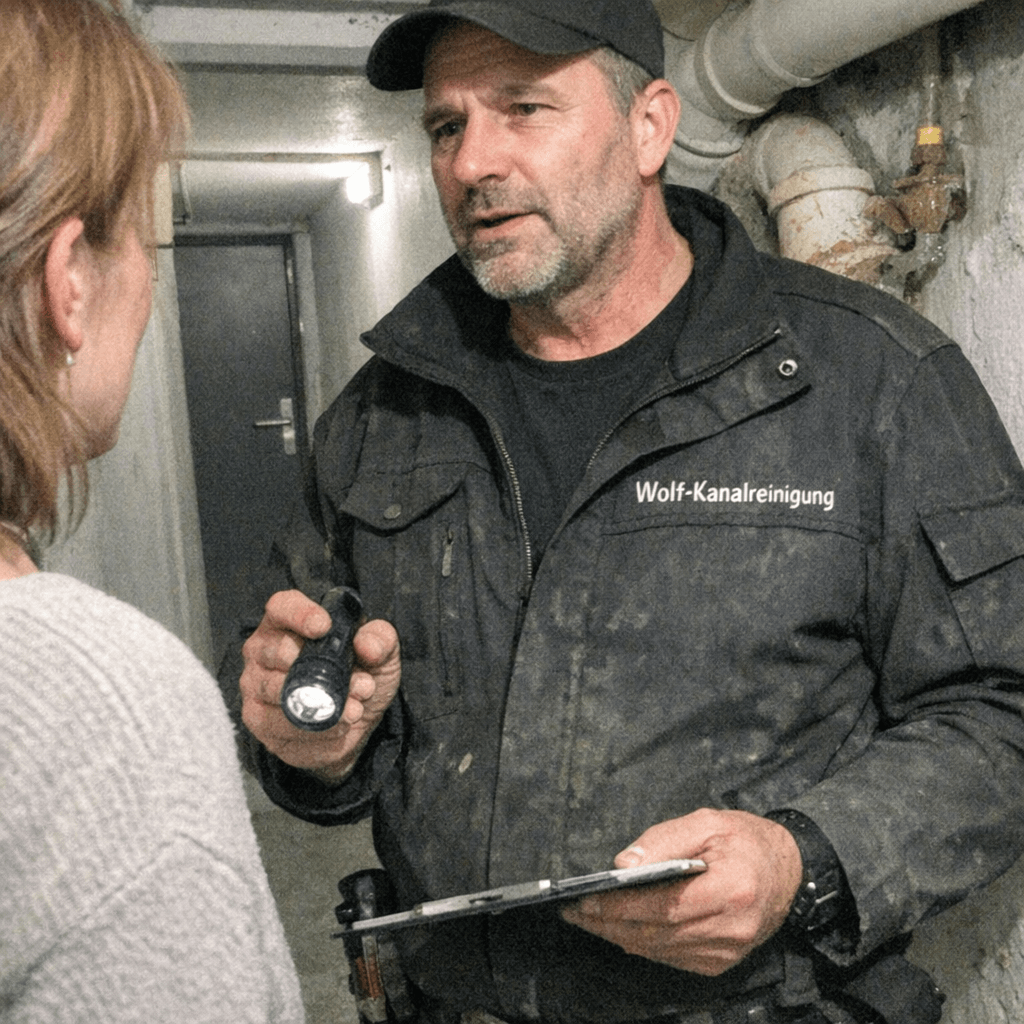 Fachmann bei der Inspektion und Beratung vor Ort beim Kunden für eine professionelle Kanalreinigung.