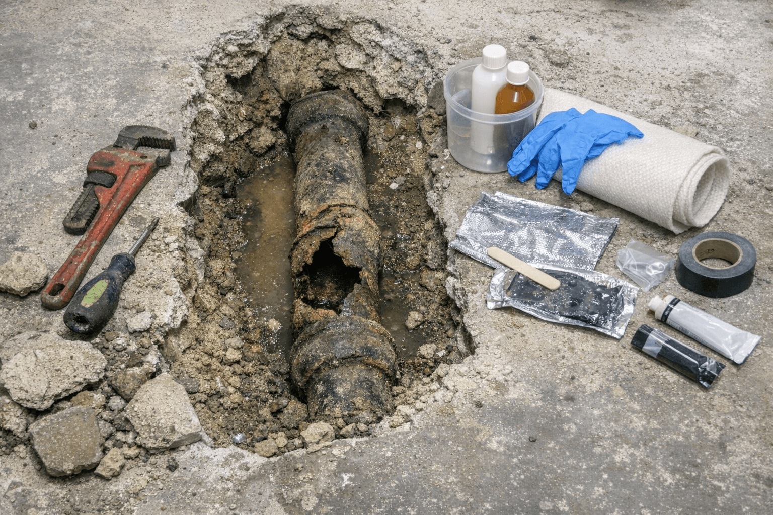 Reparaturarbeiten an einem beschädigten und freigelegten Leitungsabschnitt